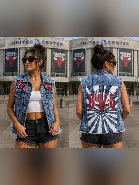 Chicago Bulls Acid Wash Denim Vest with Patch
